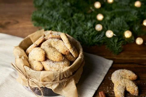 Half-moon shaped vanilla walnut shortbread cookies Vanillekipferl. Traditional Stock Photos