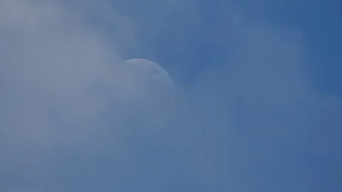 A half Moon visible in the blue sky during late afternoon or evening daylight Stock Footage 338323576