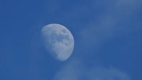 A half Moon visible in the blue sky during late afternoon or evening daylight Stock Footage 338323602
