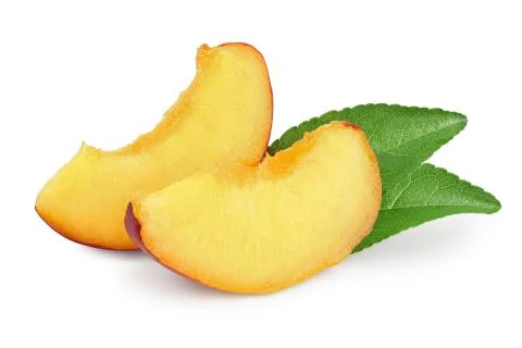 Half nectarine fruit with leaf isolated on white background cutout Foto stock