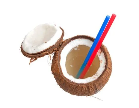 Half open coconut with straws Stock Photos