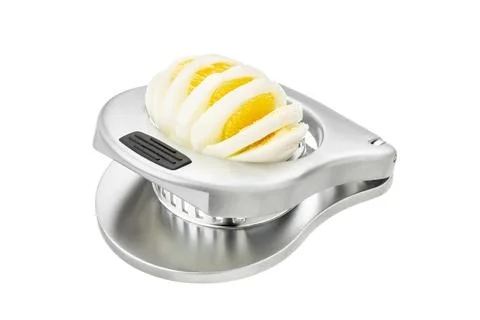 Half open metal design egg slicer with sliced egg isolated on white background Stock Photos