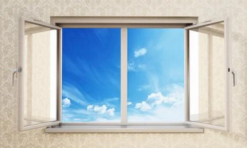 Half open windows inside an empty room opening to blue sky. 3D illustration Stock Illustration