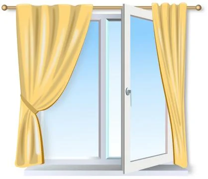 Half opened modern window with yellow drapes Stock Illustration