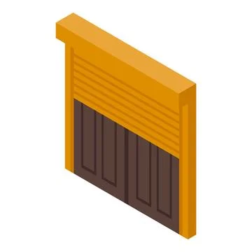 Half opened roller shutter door protecting a brown wooden door in isometric.. Ilustración de archivo