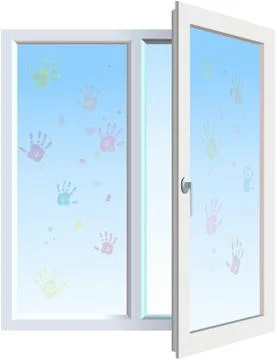 Half opened window with colored hand imprints and blots Illustrazione stock