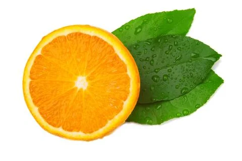 Half of orange and three leaf 스톡 사진