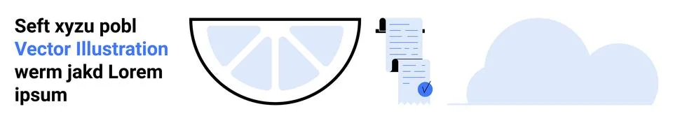 Half orange slice, stacked documents with a blue checkmark, and a blue cloud. Illustrazione stock