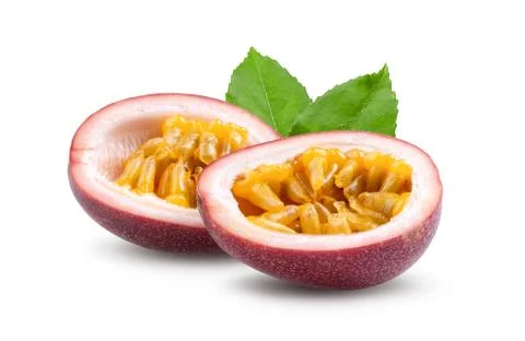 Half passion fruit with leaf isolated on the white background Stock Photos