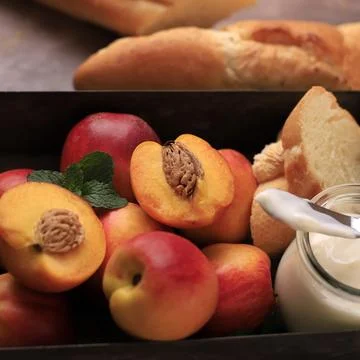 Half Peach Fruit, Step Making Baguette Bread with Peach Topping Stock Photos