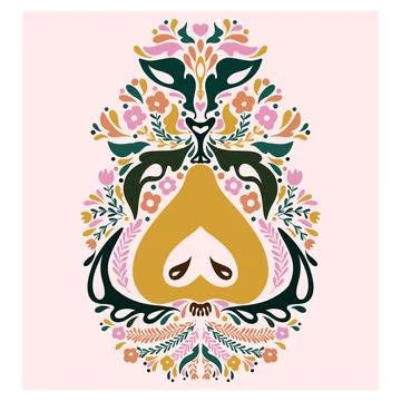 Half a pear. Folk-style pattern, symmetrical, detailed vector element. Rustic イラスト素材