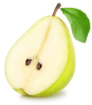 Half of pear fruit with leaf isolated on white, clipping path Stock Photos