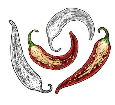 Half pepper chilli. Vintage vector hatching color illustration. Stock Illustration