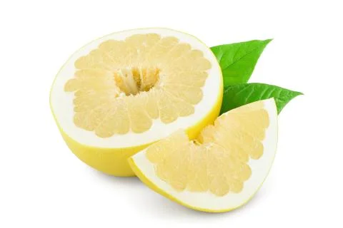Half of pomelo with leaf isolated on white background Stock Photos