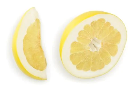 Half of pomelo with slice isolated on white background. Top view. Flat lay. Stock Photos