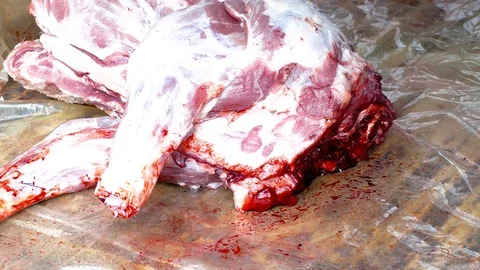 Half the pork carcass cut on the ground Stock-Footage 123574245