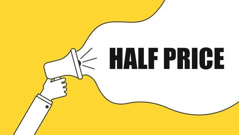 Half Price label. Speech bubbles with megaphone icon. Advertising sticker. Stock Illustration