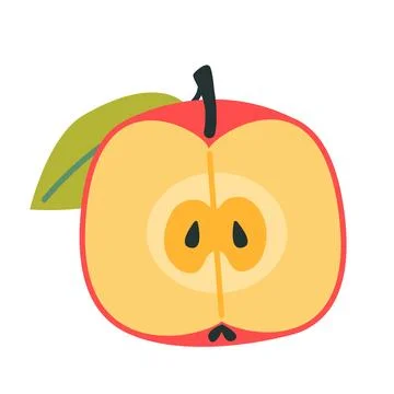 Half a Red apple with leaf, cartoon style. Trendy modern vector illustratio.. Illustrazione stock