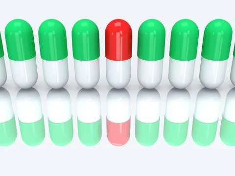 Half red capsule in row of half green pills. 3D Stock Illustration
