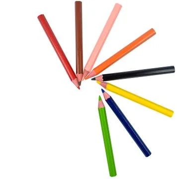 Half round pattern made with many different colored wood pencil crayons on wh Stock Photos
