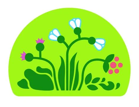 Half-round shape with wild flowers and medicinal herbs. Vector flat. Stock Illustration
