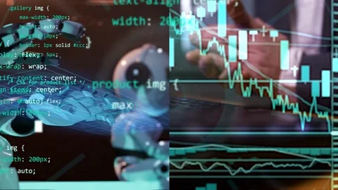 Half screen animation with robot hand writing on virtual keyboard and workin Stock Footage 236984050