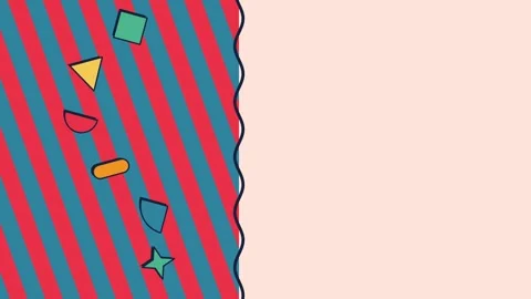 Half screen of striped geometric pattern with spinning shapes and wavy edge Vídeo Stock 348295568