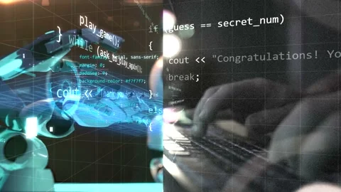 Half screen video animation with robot chatbot hands typing on virtual keybo Stock Footage 237023539