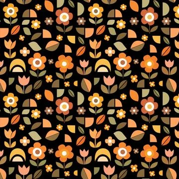Half Shape Garden Seamless Pattern Retro Floral Geometric Dark Background Stock Illustration