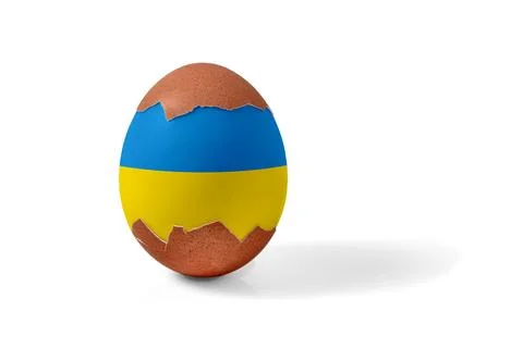 Half shelled Easter chicken egg painted blue and yellow and isolated on a w.. Stock Photos