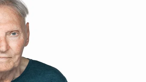 Half side portrait of healthy old aged man 80s having gray hair in basic t-shirt 스톡 동영상 89663341