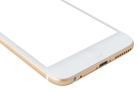 Half side view of gold mobile phone isolated on white background Foto stock