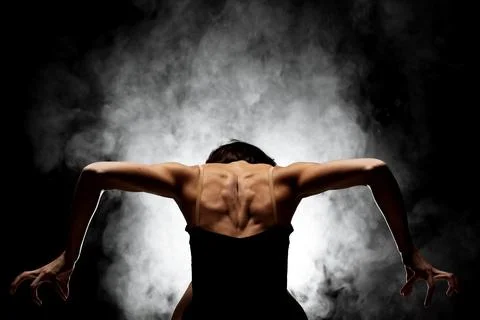 Half silhouette modern ballet dancer posing on dark background with smoke Stock Photos