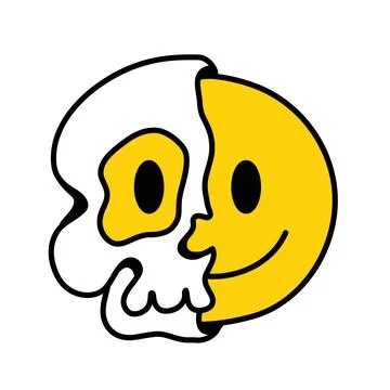Half of skull with smile face inside. Vector hand drawn line doodle 70s style Stock Illustration