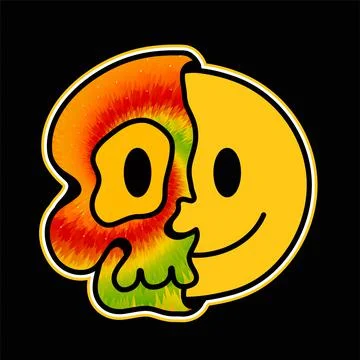 Half of skull with smile face inside.Vector hand drawn line tie dye 70s style Stock Illustration