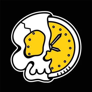 Half of skull with time clock inside tee,t-shirt print. Vector hand drawn line Stock Illustration