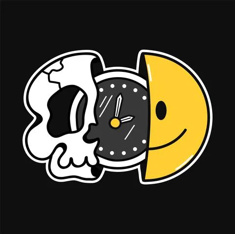 Half of smile face and skull with clock inside tee,t-shirt print. Vector line Stock Illustration