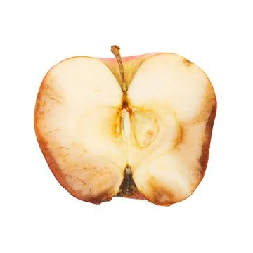 Half of a spoiled apple on a white background. The pulp of a spoiled fruit Stock Photos