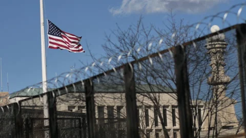 Half Staff Flag Barbed Wire Supreme Court DC Lockdown Video stock 146997916