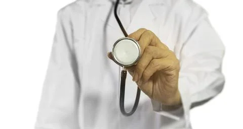 A half-standing doctor, without a face, holding a stethoscope against a whi.. Stock Illustration