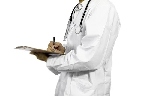 A half-standing doctor, without a face, holding a stethoscope against a whi.. Stock Photos