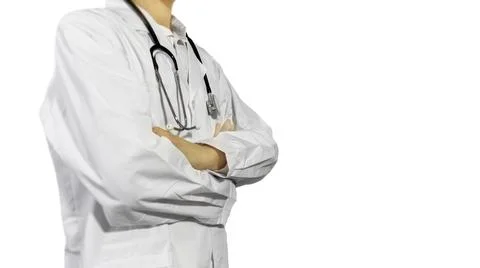 A half-standing doctor, without a face, holding a stethoscope against a whi.. Stock Photos