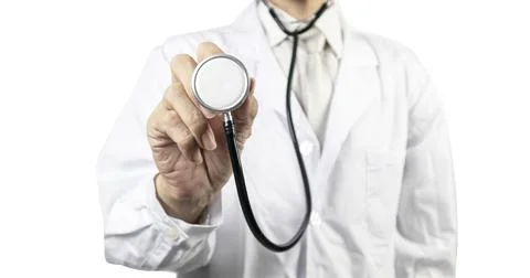 A half-standing doctor, without a face, holding a stethoscope against a whi.. Stock Photos