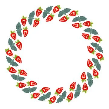 Half Strawberry and mint leaves Circular Frame Border. Summertime fruit Copy Stock Illustration