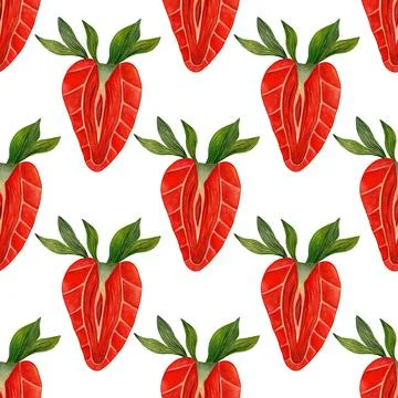 Half strawberry seamless watercolor pattern. Ripe sweet berry with leaves Stock Illustration