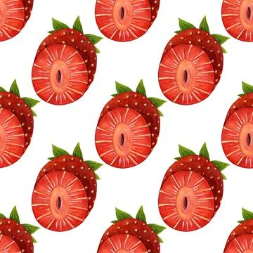 Half strawberry seamless watercolor pattern. Ripe sweet berry with leaves Stock Illustration