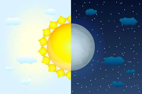 Half sun and half moon as vernal or autumnal equinox day concept. Stock Illustration