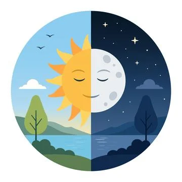 Half sun and half moon face in circle, vernal or autumnal equinox day 스톡 일러스트