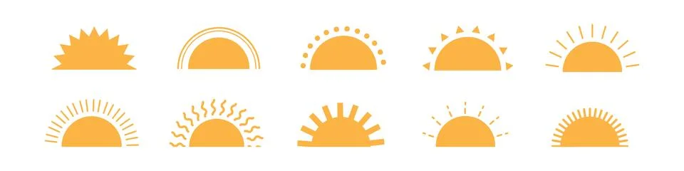 Half sun icon with decorative rays, sunrise and sunset.Flat vector illustrati Stock Illustration