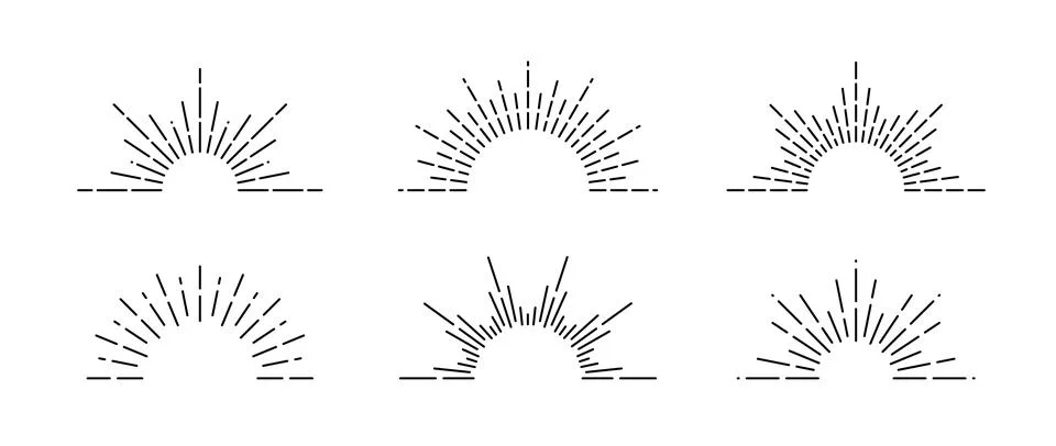 Half sunburst frame set. Linear sunrise and sunset symbols collection. Radial Stock-Illustration
